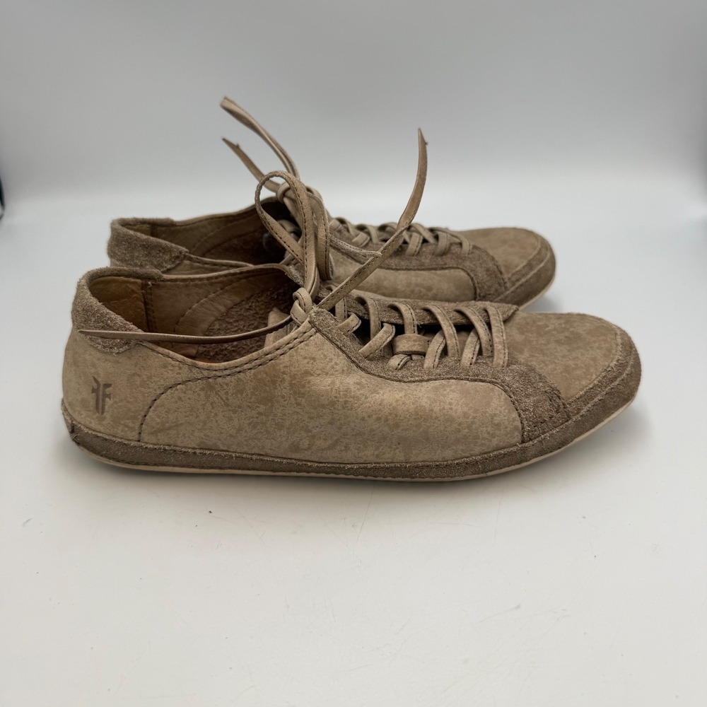 Frye Ivy Low Lace Distressed Leather Sneakers Taupe Brown 7.5M Boho Comfort